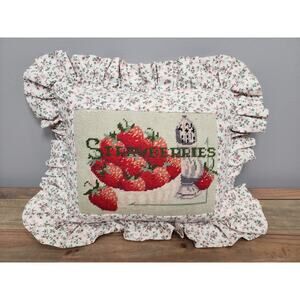 Strawberry Needlepoint Throw Pillow Cottage Core 14x13 Floral Fabric Trim